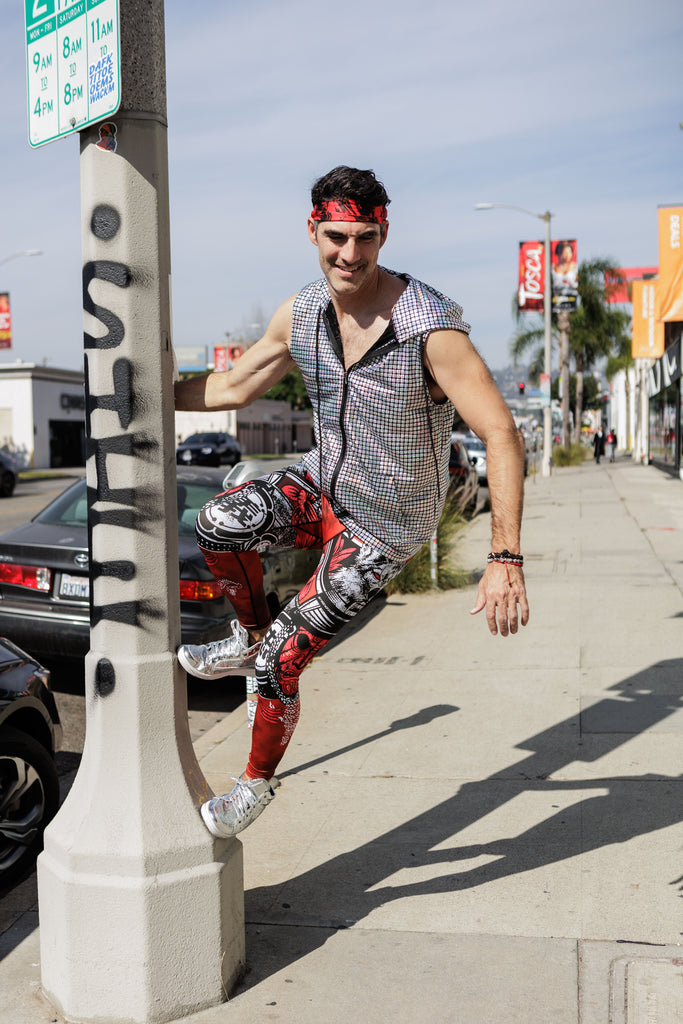 man dressed in colorful disco street fighter outfit from AcesWilder's Creator collection for men's festival clothing