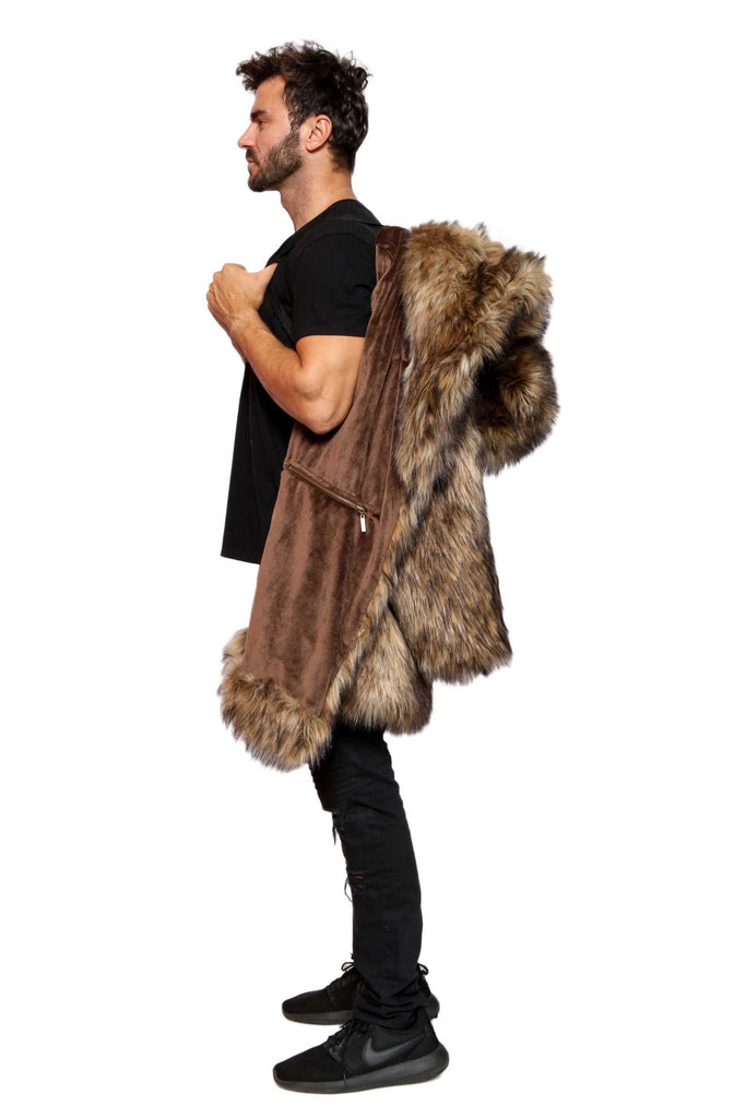 Coyotl - Caramel Brown Medium Length Faux Fur Coat - Aces Wilder