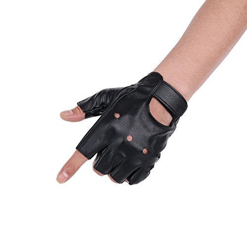 JISEN Men PU leather Punk Half Finger Hollow Out Gloves Black - ACES WILDER