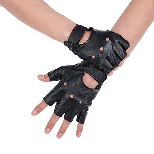 JISEN Men PU leather Punk Half Finger Hollow Out Gloves Black - ACES WILDER